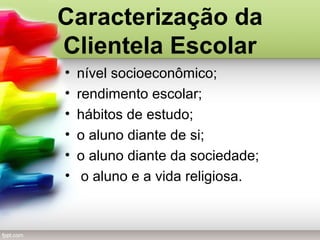Caracterização da
Clientela Escolar
• nível socioeconômico;
• rendimento escolar;
• hábitos de estudo;
• o aluno diante de si;
• o aluno diante da sociedade;
• o aluno e a vida religiosa.
 