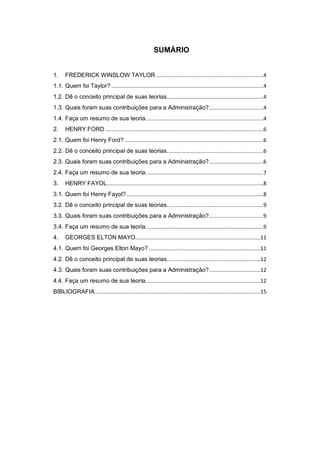 SUMÁRIO


1.    FREDERICK WINSLOW TAYLOR .......................................................................4
1.1. Quem foi Taylor? .....................................................................................................4
1.2. Dê o conceito principal de suas teorias. ...............................................................4
1.3. Quais foram suas contribuições para a Administração? ....................................4
1.4. Faça um resumo de sua teoria. .............................................................................4
2.    HENRY FORD .........................................................................................................6
2.1. Quem foi Henry Ford? ............................................................................................6
2.2. Dê o conceito principal de suas teorias. ...............................................................6
2.3. Quais foram suas contribuições para a Administração? ....................................6
2.4. Faça um resumo de sua teoria. .............................................................................7
3.    HENRY FAYOL........................................................................................................8
3.1. Quem foi Henry Fayol? ...........................................................................................8
3.2. Dê o conceito principal de suas teorias. ...............................................................9
3.3. Quais foram suas contribuições para a Administração? ....................................9
3.4. Faça um resumo de sua teoria. .............................................................................9
4.    GEORGES ELTON MAYO...................................................................................11
4.1. Quem foi Georges Elton Mayo? ..........................................................................11
4.2. Dê o conceito principal de suas teorias. .............................................................12
4.3. Quais foram suas contribuições para a Administração? ..................................12
4.4. Faça um resumo de sua teoria. ...........................................................................12
BIBLIOGRAFIA ..............................................................................................................15
 