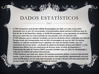 DADOS ESTATÍSTICOS
•

•

•

A TAP transportou mais de dez milhões de passageiros em 2012, um valor nunca antes
alcançado num só ano. Em comunicado, a transportadora aérea nacional confirmou que, no
final do dia 24 de Dezembro, atingiu os 10.018.974 passageiros, o que representa um acréscimo
de 4,4 por cento face ao mesmo período do ano passado, com um total de 9.752.
A TAP adiantou que os melhores resultados, em termos absolutos, foram verificados nas rotas da
Europa, tendo sido transportados mais de 300 mil passageiros do que em 2011. Em termos
relativos, os melhores resultados foram registados nas rotas dos Estados Unidos, com um
crescimento de 19,3 por cento – resultante da abertura da ligação directa para Miami –, e nas
ligações para África, com um crescimento de 10,4 por cento. no início de Dezembro, a
Organização Mundial de Turismo (OMT) anunciou também que, em 2012, foi ultrapassada a
meta dos mil milhões de turistas internacionais.
A OMT destacou que neste ano, apesar da incerteza económica global, o turismo internacional
cresceu, o que comprova que este é um dos sectores mais importantes, representando nove por
cento do PIB global, um em cada doze empregos no mundo e 30 por cento das exportações de
serviços. Fonte: TAP e Organização Mundial de Turismo.
Menu

 
