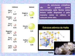 As estruturas cristalinas
são em grande parte
determinadas pela forma como
ânions estão dispostos e pela
maneira como os cátions se
colocam entre eles.
Halita
 