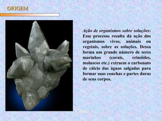 ORIGEM
Ação de organismos sobre soluções:
Esse processo resulta da ação dos
organismos vivos, animais ou
vegetais, sobre as soluções. Dessa
forma um grande número de seres
marinhos (corais, crinóides,
moluscos etc.) extraem o carbonato
de cálcio das águas salgadas para
formar suas conchas e partes duras
de seus corpos.
Calcita
 