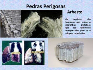 Pedras Perigosas
Arbesto
Os depósitos são
formados por inúmeras
microfibras cristalinas
que são facilmente
transportadas pelo ar e
atingem os pulmões.
 