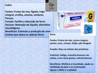 Cobre
Fontes: Frutos do mar, fígado, trigo
integral, ervilha, ameixa, verduras
frescas.
Função: Facilita a absorção de ferro.
Excesso: Retenção de líquido, distúrbios
neurológicos.
Benefícios: Estimula a produção de uma
enzima que ataca os radicais livres Zinco
Fontes: Frutos do mar, carnes magras,
peixes, ovos, cereais, feijão, pão integral.
Função: Atua na síntese das proteínas.
Carência: Fadiga, manchas brancas nas
unhas, e em casos graves, arteriosclerose.
Benefícios: Melhora a imunidade, ajuda na
vitalidade da pele e na cicatrização.
Aguça o olfato e o paladar.
 