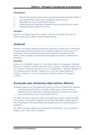 Módulo 2 – Montagem e Configuração de Computadores

Vantagens
•

Sistema de entrada de texto manuscrito reconhecimento chamado Graffiti 2;

•
•
•
•

Tecnologia HotSync para a sincronização de dados com PC's;
Reprodução de som e capacidade de registo;
Modelo simples de segurança: Dispositivo pode ser bloqueado por senha;
Expansão suporte cartão de memória.

Versões
Palm OS 1.0 (1996); Palm OS 2.0 (1997); Palm OS 3.0 (1998); Palm OS 4.0
(2001); Palm OS 2.0 (2002); Palm OS Cobalt (2004).

Android
Android é um sistema operativo móvel que roda sobre o núcleo Linux, embora por
enquanto seja ainda desenvolvido numa estrutura externa ao núcleo Linux. Foi
inicialmente desenvolvido pelo Google e posteriormente pela Open Handset
Alliance, mas a Google é a responsável pela gestão do produto e engenharia de
processos.

Versões
Android 1.0 | 09/2008; Android 1.1 | 02/2009; Android 1.5 (Cupcake) | 04/2009;
Android 1.6 (Donut) | 09/2009; Android 2.0 a 2.1 (Eclair) | 10/2009; Android 2.2 a
2.2.3 (Froyo) | 05/2010; Android 2.3 a 2.3.7 (Gingerbread) | 10/2010; Android 3.0
a 3.2 (Honeycomb) | 02/2011; Android 4.0 a 4.0.4 (Ice Cream Sandwich) |
10/2011; Android 4.1 a 4.2.2 (Jelly Bean) | 07/2012; Android 4.4 (Kitkat) |
11/2013;

Evolução dos Sistemas Operativos Móveis
Xcubelabs publicou um info-gráfico que mostra um pouco da história dos sistemas
operativos para telemóveis. Em 1996, a Palm lança o primeiro sistema
operativo para smartphones e telemóveis de alta tecnologia que na altura
eram muito poucos, com o nome de Palm OS 1.0
Em 2000, há mais um grande avanço com a MIcrosoft a lançar o Pocket PC2000,
um ano depois esse sistema operativo já suportava Messenger e Media Player 8.
Mais tarde lançam o Windows Mobile, que já aguentava com Internet Explorer e
bluetooth.
Em 2007 o mercado explodiu com lançamento do iPhone OS , no ano seguinte é
lançado o seu "maior rival", o Android.

Arquitectura de Computadores

Página 11

 