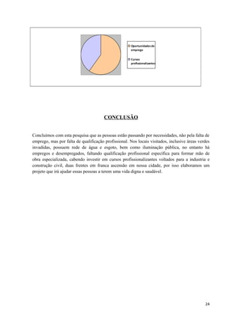 Oportunidadesde
emprego
Cursos
profissionalizantes
CONCLUSÃO
Concluímos com esta pesquisa que as pessoas estão passando por necessidades, não pela falta de
emprego, mas por falta de qualificação profissional. Nos locais visitados, inclusive áreas verdes
invadidas, possuem rede de água e esgoto, bem como iluminação pública, no entanto há
empregos e desempregados, faltando qualificação profissional específica para formar mão de
obra especializada, cabendo investir em cursos profissionalizantes voltados para a industria e
construção civil, duas frentes em franca ascensão em nossa cidade, por isso elaboramos um
projeto que irá ajudar essas pessoas a terem uma vida digna e saudável.
24
 