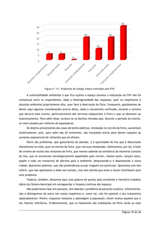 Página 19 de 36
Figura n.º 15 - Problemas de tráfego urbano motivados pela FVV.
A vulnerabilidade ambiental a que fica sujeito o espaço durante a realização da FVV não foi
consensual entre os respondentes, dada a heterogeneidade das respostas, quer no respeitante à
poluição ambiental propriamente dita, quer face à destruição da flora. Conquanto, gostássemos de
deixar aqui algumas considerações acerca desta, dado o calcamento verificado, durante a semana
que decorre este evento, particularmente dos terrenos subjacentes à Feira e que se destinam ao
estacionamento. Para além disso, acresce-se os bonitos relvados que, durante o período do evento,
se veem pisados por milhares de espetadores.
Os dejetos provenientes das casas de banho públicas, instaladas no recinto da Feira, aumentam
drasticamente, pois, para além das ali existentes, são instaladas outras para darem resposta ao
aumento exponencial de visitantes que ali afluem.
Outro dos problemas, que gostaríamos de abordar, é a quantidade de lixo que é descartado
diariamente no chão, quer no recinto da Feira, quer nas suas imediações. Salientamos, por tal, a falta
de civismo de muitos dos visitantes da Feira, que mesmo sabendo da existência de inúmeros caixotes
do lixo, que se encontram estrategicamente espalhados pelo recinto, mesmo assim, lançam latas,
papéis e todo um manancial de detritos para o ambiente, desprezando-o e desprezando a nossa
cidade. Queremos salientar, que não pretendemos acusar ninguém em particular. Queremos com isto
referir, que não apontamos o dedo aos turistas, mas sem dúvida que estes e locais contribuem para
este problema.
Todavia, também, deixamos aqui uma palavra de apreço pelo excelente e meritório trabalho
diário da Câmara Municipal em salvaguardar a limpeza contínua dos espaços.
Não poderíamos falar em poluição, sem abordar o problema da poluição acústica. Infelizmente,
não a distinguimos da outra nos nossos inquéritos e, como tal, não foi possível o seu tratamento
separadamente. Porém, enquanto fazíamos a abordagem à população, foram muitos aqueles que a
ela fizeram referência. Evidentemente, que os habitantes das imediações da Feira serão os mais
0
5
10
15
20
25
30
5 5
0
20
10
20
30
 