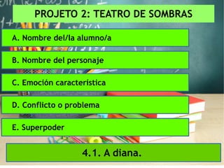 PROJETO 2: TEATRO DE SOMBRAS
4.1. A diana.
A. Nombre del/la alumno/a
B. Nombre del personaje
C. Emoción característica
D. Conflicto o problema
E. Superpoder
 