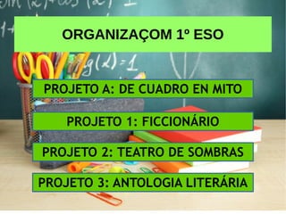 ORGANIZAÇOM 1º ESO
PROJETO 1: FICCIONÁRIO
PROJETO 2: TEATRO DE SOMBRAS
PROJETO 3: ANTOLOGIA LITERÁRIA
PROJETO A: DE CUADRO EN MITO
 