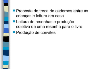 Proposta de troca de cadernos entre as crianças e leitura em casa Leitura de resenhas e produção coletiva de uma resenha para o livro Produção de convites 