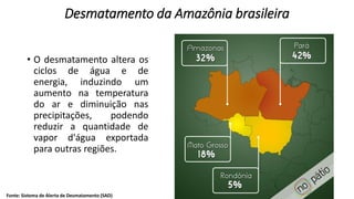 Desmatamento da Amazônia brasileira
• O desmatamento altera os
ciclos de água e de
energia, induzindo um
aumento na temperatura
do ar e diminuição nas
precipitações, podendo
reduzir a quantidade de
vapor d'água exportada
para outras regiões.
Fonte: Sistema de Alerta de Desmatamento (SAD)
 