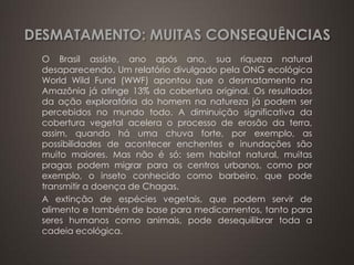 DESMATAMENTO: MUITAS CONSEQUÊNCIAS 
O Brasil assiste, ano após ano, sua riqueza natural 
desaparecendo. Um relatório divulgado pela ONG ecológica 
World Wild Fund (WWF) apontou que o desmatamento na 
Amazônia já atinge 13% da cobertura original. Os resultados 
da ação exploratória do homem na natureza já podem ser 
percebidos no mundo todo. A diminuição significativa da 
cobertura vegetal acelera o processo de erosão da terra, 
assim, quando há uma chuva forte, por exemplo, as 
possibilidades de acontecer enchentes e inundações são 
muito maiores. Mas não é só: sem habitat natural, muitas 
pragas podem migrar para os centros urbanos, como por 
exemplo, o inseto conhecido como barbeiro, que pode 
transmitir a doença de Chagas. 
A extinção de espécies vegetais, que podem servir de 
alimento e também de base para medicamentos, tanto para 
seres humanos como animais, pode desequilibrar toda a 
cadeia ecológica. 
