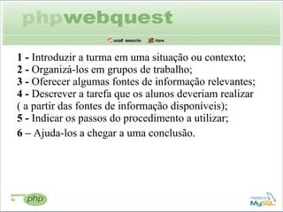 1 -  Introduzir a turma em uma situação ou contexto;  2 -  Organizá-los em grupos de trabalho;  3 -  Oferecer algumas fontes de informação relevantes;  4 -  Descrever a tarefa que os alunos deveriam realizar  ( a partir das fontes de informação disponíveis);  5 -  Indicar os passos do procedimento a utilizar; 6 –  Ajuda-los a chegar a uma conclusão. 