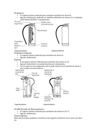 Pó Químico
•
•

É o agente extintor indicado para combater incêndios da classe B;
Age por abafamento, podendo ser também utilizados nas classes A e C, podendo
nesta última danificar o equipamento.

Pó Químico Especial
•
•

É o agente extintor indicado para incêndios da classe D;
Age por abafamento.

Espuma
•
•
•

É um agente extintor indicado para incêndios das classes A e B.
Age por abafamento e secundariamente por resfriamento.
Por ter água na sua composição, não se pode utiliza-lo em incêndio de classe C,
pois conduz corrente elétrica.

Pó ABC (Fosfato de Monoamônico)
•
•

É o agente extintor indicado para incêndios das classes A, B e C;
Age por abafamento

Outros Agentes

Além dos já citados, podemos considerar como agentes extintores terra, areia, cal, talco,
etc.

 