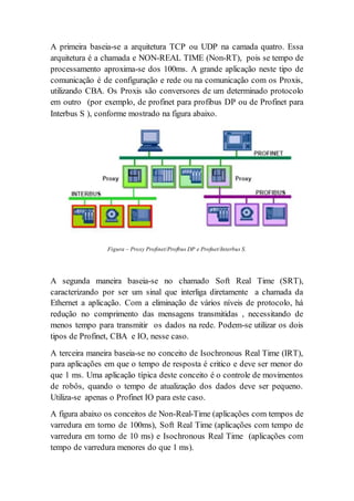 A primeira baseia-se a arquitetura TCP ou UDP na camada quatro. Essa 
arquitetura é a chamada e NON-REAL TIME (Non-RT), pois se tempo de 
processamento aproxima-se dos 100ms. A grande aplicação neste tipo de 
comunicação é de configuração e rede ou na comunicação com os Proxis, 
utilizando CBA. Os Proxis são conversores de um determinado protocolo 
em outro (por exemplo, de profinet para profibus DP ou de Profinet para 
Interbus S ), conforme mostrado na figura abaixo. 
Figura – Proxy Profinet/Profbus DP e Profnet/Interbus S. 
A segunda maneira baseia-se no chamado Soft Real Time (SRT), 
caracterizando por ser um sinal que interliga diretamente a chamada da 
Ethernet a aplicação. Com a eliminação de vários níveis de protocolo, há 
redução no comprimento das mensagens transmitidas , necessitando de 
menos tempo para transmitir os dados na rede. Podem-se utilizar os dois 
tipos de Profinet, CBA e IO, nesse caso. 
A terceira maneira baseia-se no conceito de Isochronous Real Time (IRT), 
para aplicações em que o tempo de resposta é critico e deve ser menor do 
que 1 ms. Uma aplicação típica deste conceito é o controle de movimentos 
de robôs, quando o tempo de atualização dos dados deve ser pequeno. 
Utiliza-se apenas o Profinet IO para este caso. 
A figura abaixo os conceitos de Non-Real-Time (aplicações com tempos de 
varredura em torno de 100ms), Soft Real Time (aplicações com tempo de 
varredura em torno de 10 ms) e Isochronous Real Time (aplicações com 
tempo de varredura menores do que 1 ms). 
 