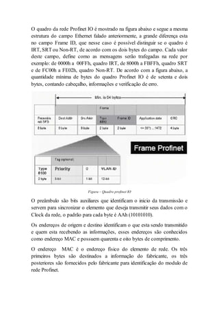O quadro da rede Profinet IO é mostrado na figura abaixo e segue a mesma 
estrutura do campo Ethernet falado anteriormente, a grande diferença esta 
no campo Frame ID, que nesse caso é possível distinguir se o quadro é 
IRT, SRT ou Non-RT, de acordo com os dois bytes do campo. Cada valor 
deste campo, define como as mensagens serão trafegadas na rede por 
exemplo: de 0000h a 00FFh, quadro IRT, de 8000h a FBFFh, quadro SRT 
e de FC00h a FE02h, quadro Non-RT. De acordo com a figura abaixo, a 
quantidade mínima de bytes do quadro Profinet IO é de setenta e dois 
bytes, contando cabeçalho, informações e verificação de erro. 
Figura – Quadro profinet IO 
O preâmbulo são bits auxiliares que identificam o inicio da transmissão e 
servem para sincronizar o elemento que deseja transmitir seus dados com o 
Clock da rede, o padrão para cada byte é AAh (10101010). 
Os endereços de origem e destino identificam o que esta sendo transmitido 
e quem esta recebendo as informações, esses endereços são conhecidos 
como endereço MAC e possuem quarenta e oito bytes de comprimento. 
O endereço MAC é o endereço físico do elemento de rede. Os três 
primeiros bytes são destinados a informação do fabricante, os três 
posteriores são fornecidos pelo fabricante para identificação do modulo de 
rede Profinet. 
 