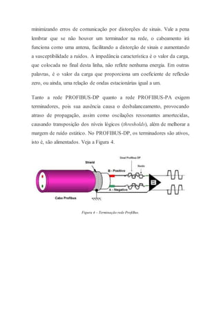 minimizando erros de comunicação por distorções de sinais. Vale a pena 
lembrar que se não houver um terminador na rede, o cabeamento irá 
funciona como uma antena, facilitando a distorção de sinais e aumentando 
a susceptibilidade a ruídos. A impedância característica é o valor da carga, 
que colocada no final desta linha, não reflete nenhuma energia. Em outras 
palavras, é o valor da carga que proporciona um coeficiente de reflexão 
zero, ou ainda, uma relação de ondas estacionárias igual a um. 
Tanto a rede PROFIBUS-DP quanto a rede PROFIBUS-PA exigem 
terminadores, pois sua ausência causa o desbalanceamento, provocando 
atraso de propagação, assim como oscilações ressonantes amortecidas, 
causando transposição dos níveis lógicos (thresholds), além de melhorar a 
margem de ruído estático. No PROFIBUS-DP, os terminadores são ativos, 
isto é, são alimentados. Veja a Figura 4. 
Figura 4 – Terminação rede ProfiBus. 
 