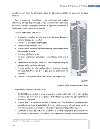 Princípios da Engenharia de Petróleo   Nov, 2010


considerado um fluido de perfuração: água, ar, gás natural, sólidos em suspensão na água,
emulsões.

    Com o progresso tecnológico e as exigências dos órgãos
ambientais, o fluido de perfuração tornou-se uma mistura complexa
de sólidos, líquidos e produtos químicos. A figura 04 demonstra o
fluxo operacional do fluido de perfuração.

   Funções do fluido de perfuração:

      Remover os cascalhos gerados pela broca do fundo do poço e
       transportados para a superfície
      Controlar as pressões das formações
      Estabilizar as paredes do poço
      Manter os cascalhos em suspensão sempre que houver parada
       da circulação da lama
      Resfriar e lubrificar a broca
      Lubrificar a coluna de perfuração, reduzindo seu atrito com o
       poço
      Proporcionar a formação de reboco fino e impermeável para
       proteger as formações produtoras
      Permitir a coleta de informações sobre as formações através
       dos cascalhos, traços de óleo e gás que são detectados na
       superfície
      Facilitar a realização de testes de formação, perfilagens, etc.

                                                                                       Figura 04

                                                        movimentação dos cascalhos no fluido

   Propriedade dos fluidos de perfuração:

      DENSIDADE: A densidade é uma propriedade muito importante e deve ser mantida
       controlada de modo que a sua pressão hidrostática seja suficiente para controlar os
       fluidos das formações
      VISCOSIDADE: É a medida da resistência da lama para fluir. Em outras palavras mede a
       consistência da lama. A viciosidade deve ser suficientemente elevada para manter a
       baritina em suspensão e assegurar o transporte dos cascalhos para fora do poço.
      FILTRADO: O fluido de perfuração submetido à pressão hidrostática deposita defronte
       das formações permeáveis uma película de baixa permeabilidade denominada Reboco


 Sondas de Perfuração e Completação

 XII
 