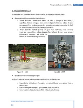 Princípios da Engenharia de Petróleo   Nov, 2010


  1- TIPOS DE COMPLETAÇÃO

  A completação é dividida quanto a alguns critérios de operacionalização, como:

     Quanto ao posicionamento da cabeça do poço
         o Árvore de Natal Convencional (ANC): Em terra, a cabeça do poço fica na
            superfície. No mar. Em águas rasas, também é possível trazer a cabeça do poço
            para a superfície. Em águas profundas temos também alguns exemplos de ANC.
            Na figura 05 temos um modelo deste equipamento.
         o Árvore de Natal Molhada (ANM): Em águas mais profundas, onde é inviável
            trazer até a superfície, a cabeça do poço fica no fundo do mar, onde temos a
            completação molhada. Na figura 06
            temos um modelo deste equipamento.




         Figura 05 – ANC                                       Figura 06 – ANM

     Quanto ao revestimento de produção

  A classificação da completação quanto a revestimento é subdividida em:

         o Poço aberto: Utilizado em formações bem consolidadas, como pouco risco de
           desmoronar.
         o Com liner rasgado: Boa para aplicação em poços horizontais.
         o Com revestimento canhoneado: Mais utilizados atualmente.




Sondas de Perfuração e Completação

XIV
 