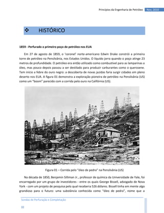 Princípios da Engenharia de Petróleo   Nov, 2010




             HISTÓRICO

1859 - Perfurado o primeiro poço de petróleo nos EUA

    Em 27 de agosto de 1859, o ‘coronel’ norte-americano Edwin Drake constrói a primeira
torre de petróleo na Pensilvânia, nos Estados Unidos. O líquido jorra quando o poço atinge 23
metros de profundidade. O petróleo era então utilizado como combustível para as lamparinas a
óleo, mas pouco depois passou a ser destilado para produzir carburantes como o querosene.
Tem início a febre do ouro negro: a descoberta de novas jazidas faria surgir cidades em pleno
deserto nos EUA. A figura 01 demonstra a exploração pioneira de petróleo na Pensilvânia (US)
como um “boom” parecido com a corrida pelo ouro na Califórnia (US).




                   Figura 01 – Corrida pelo “óleo de pedra” na Pensilvânia (US)

   Na década de 1850, Benjamin Silliman Jr., professor de química da Universidade de Yale, foi
encarregado por um grupo de investidores - entre os quais George Bissell, advogado de Nova
York - com um projeto de pesquisa pelo qual receberia 526 dólares. Bissell tinha em mente algo
grandioso para o futuro: uma substância conhecida como “óleo de pedra”, nome que a

 Sondas de Perfuração e Completação

 III
 