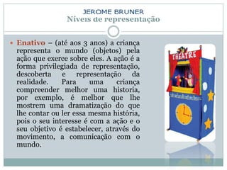 Níveis de representação


 Enativo – (até aos 3 anos) a criança
 representa o mundo (objetos) pela
 ação que exerce sobre eles. A ação é a
 forma privilegiada de representação,
 descoberta e representação da
 realidade.    Para     uma     criança
 compreender melhor uma historia,
 por exemplo, é melhor que lhe
 mostrem uma dramatização do que
 lhe contar ou ler essa mesma história,
 pois o seu interesse é com a ação e o
 seu objetivo é estabelecer, através do
 movimento, a comunicação com o
 mundo.
 