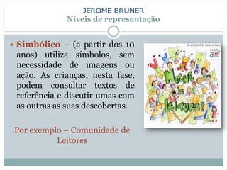 Níveis de representação


 Simbólico – (a partir dos 10
 anos) utiliza símbolos, sem
 necessidade de imagens ou
 ação. As crianças, nesta fase,
 podem consultar textos de
 referência e discutir umas com
 as outras as suas descobertas.

 Por exemplo – Comunidade de
           Leitores
 