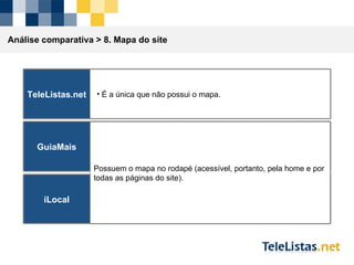 Análise comparativa >  8. Mapa do site TeleListas.net É a única que não possui o mapa. GuiaMais iLocal Possuem o mapa no rodapé (acessível, portanto, pela home e por todas as páginas do site). 