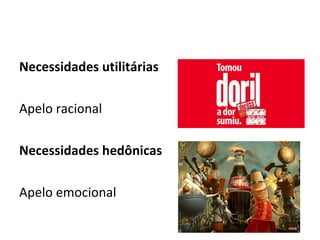 Necessidades utilitárias Apelo racional Necessidades hedônicas Apelo emocional 