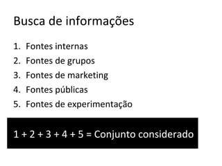 Busca de informações Fontes internas Fontes de grupos Fontes de marketing Fontes públicas Fontes de experimentação 1 + 2 + 3 + 4 + 5 = Conjunto considerado 