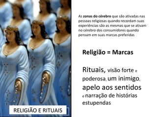 RELIGIÃO E RITUAIS As  zonas do cérebro  que são ativadas nas pessoas religiosas quando recordam suas experiências são as mesmas que se ativam no cérebro dos consumidores quando pensam em suas marcas preferidas Rituais,  visão forte  e  poderosa ,  um inimigo ,  apelo aos sentidos  e  narração de histórias estupendas  Religião = Marcas 