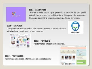 1999 – NAPSTER
Compartilhar música – chat não muito usado – já se inicializava
a ideia de se relacionar com as pessoas.
1997- SIXDEGREES
Primeira rede social que permitiu a criação de um perfil
virtual, bem como a publicação e listagem de contatos.
Passou a permitir a visualização de perfis de terceiros.
2002 – FOTOLOG
Postar fotos e fazer comentários.
2002 – FRIENDSTER
Permitia que amigos e familiares se conectassem.
 