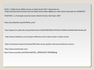 http://www.midiatismo.com.br/qual-a-diferenca-entre-redes-sociais-e-midias-sociais
https://novaescola.org.br/conteudo/240/redes-sociais-ajudam-interacao-professores-alunos.
http://dspace.bc.uepb.edu.br/jspui/bitstream/123456789/6330/1/PDF%20-%20Maria%20de%20Andrade.pdf
http://www.teachertube.com/
https://www.youtube.com/channel/UCs_n045yHUiC-CR2s8AjIwg
SILVA, S. Mídia Social, Mídias Sociais ou Rede Social? 2017. Disponível em:
<http://evolutioncomunicacao.com.br/midia-social-midias-digitais-ou-rede-social.>Acessado em 10/08/2017.
VYGOTSKY. L.S. Formação social da mente. Martins Fontes. São Paulo. 2007
 