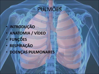 PULMÕES
•
•
•
•
•

INTRODUÇÃO
ANATOMIA / VÍDEO
FUNÇÕES
RESPIRAÇÃO
DOENÇAS PULMONARES

 