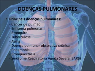 DOENÇAS PULMONARES
• Principais doenças pulmonares:
- Câncer de pulmão
- Enfisema pulmonar
- Bronquite
- Tuberculose
- Asma
- Doença pulmonar obstrutiva crônica
- Pneumonia
- Bronquiectasia
- Síndrome Respiratória Aguda Severa (SARS)

 