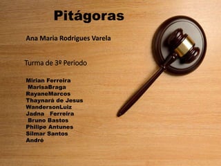 Turma de 3º Periodo
Pitágoras
Ana Maria Rodrigues Varela
Mirian Ferreira
MarisaBraga
RayaneMarcos
Thaynará de Jesus
WandersonLuiz
Jadna Ferreira
Bruno Bastos
Philipe Antunes
Silmar Santos
André
 