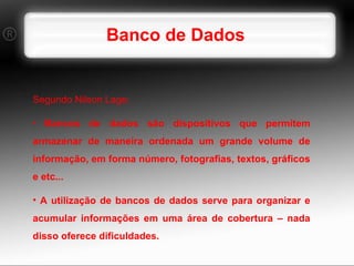 Banco de Dados Segundo Nilson Lage: Bancos de dados são dispositivos que permitem armazenar de maneira ordenada um grande volume de informação, em forma número, fotografias, textos, gráficos e etc... A utilização de bancos de dados serve para organizar e acumular informações em uma área de cobertura – nada disso oferece dificuldades.  