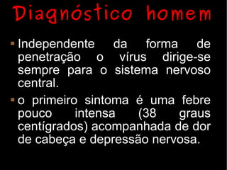 Diagnóstico homem
 Independente da forma de
  penetração o vírus dirige-se
  sempre para o sistema nervoso
  central.
 o primeiro sintoma é uma febre

  pouco     intensa   (38   graus
  centígrados) acompanhada de dor
  de cabeça e depressão nervosa.
 