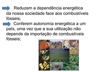 Reduzem a dependência energética
da nossa sociedade face aos combustíveis
fósseis;
Conferem autonomia energética a um
país, uma vez que a sua utilização não
depende da importação de combustíveis
fósseis;
 