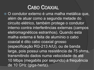 CABO COAXIAL
 O condutor externo é uma malha metálica que,
além de atuar como a segunda metade do
circuito elétrico, também protege o condutor
interno contra interferências externas (campos
eletromagnéticos estranhos). Quando esta
malha externa é feita de alumínio o cabo
coaxial é dito cabo coaxial grosso
(especificação RG-213 A/U), ou de banda
larga, pois possui uma resistência de 75 ohms,
transmitindo dados numa velocidade de até
10 Mbps (megabits por segundo) à frequência
de 10 GHz (giga-hertz).
 