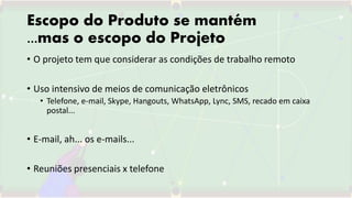 Escopo do Produto se mantém
...mas o escopo do Projeto
• O projeto tem que considerar as condições de trabalho remoto
• Uso intensivo de meios de comunicação eletrônicos
• Telefone, e-mail, Skype, Hangouts, WhatsApp, Lync, SMS, recado em caixa
postal...
• E-mail, ah... os e-mails...
• Reuniões presenciais x telefone
 