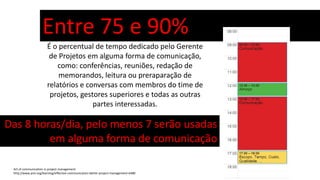 É o percentual de tempo dedicado pelo Gerente
de Projetos em alguma forma de comunicação,
como: conferências, reuniões, redação de
memorandos, leitura ou preraparação de
relatórios e conversas com membros do time de
projetos, gestores superiores e todas as outras
partes interessadas.
Entre 75 e 90%
Das 8 horas/dia, pelo menos 7 serão usadas
em alguma forma de comunicação
Art of communication in project management
http://www.pmi.org/learning/effective-communication-better-project-management-6480
 