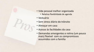 • Vida pessoal melhor organizada
• Relativa flexibilidade de agenda
• Vestuário
• Sem stress diário do trânsito
• Almoçar em casa
• Acesso às facilidades da casa
• Demandas emergentes e rotina (um pouco
mais) flexível com os compromissos
assumidos com a família
 