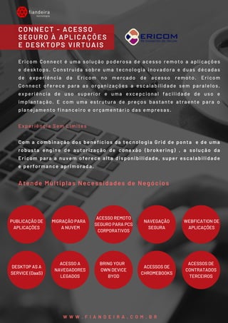 Ericom Connect é uma solução poderosa de acesso remoto a aplicações
e desktops. Construída sobre uma tecnologia inovadora e duas décadas
de experiência da Ericom no mercado de acesso remoto. Ericom
Connect oferece para as organizações a escalabilidade sem paralelos,
experiência de uso superior e uma excepcional facilidade de uso e
implantação. E com uma estrutura de preços bastante atraente para o
planejamento financeiro e orçamentário das empresas.
Experiência Sem Limites   
Com a combinação dos benefícios da tecnologia Grid de ponta  e de uma
robusta engine de autorização de conexão (brokering) , a solução da
Ericom para a nuvem oferece alta disponibilidade, super escalabilidade
e performance aprimorada.
Atende Múltiplas Necessidades de Negócios
CONNECT - ACESSO
SEGURO À APLICAÇÕES
E DESKTOPS VIRTUAIS
W W W . F I A N D E I R A . C O M . B R
PUBLICAÇÃO DE
APLICAÇÕES
MIGRAÇÃO PARA
A NUVEM
ACESSO REMOTO
SEGURO PARA PCS
CORPORATIVOS
NAVEGAÇÃO
SEGURA
WEBFICATION DE
APLICAÇÕES
DESKTOP AS A
SERVICE (DaaS)
ACESSO A
NAVEGADORES
LEGADOS
BRING YOUR
OWN DEVICE
BYOD
ACESSOS DE
CHROMEBOOKS
ACESSOS DE
CONTRATADOS
TERCEIROS
 