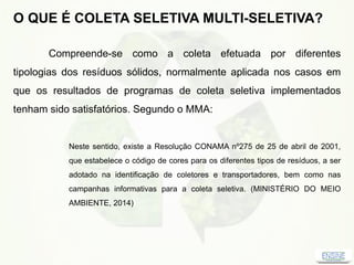 O QUE É COLETA SELETIVA MULTI-SELETIVA?
Compreende-se como a coleta efetuada por diferentes
tipologias dos resíduos sólidos, normalmente aplicada nos casos em
que os resultados de programas de coleta seletiva implementados
tenham sido satisfatórios. Segundo o MMA:
Neste sentido, existe a Resolução CONAMA nº275 de 25 de abril de 2001,
que estabelece o código de cores para os diferentes tipos de resíduos, a ser
adotado na identificação de coletores e transportadores, bem como nas
campanhas informativas para a coleta seletiva. (MINISTÉRIO DO MEIO
AMBIENTE, 2014)
 