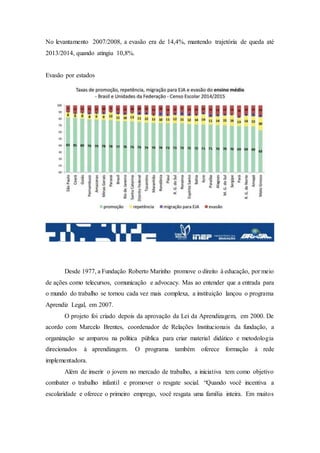 No levantamento 2007/2008, a evasão era de 14,4%, mantendo trajetória de queda até
2013/2014, quando atingiu 10,8%.
Evasão por estados
Desde 1977, a Fundação Roberto Marinho promove o direito à educação, por meio
de ações como telecursos, comunicação e advocacy. Mas ao entender que a entrada para
o mundo do trabalho se tornou cada vez mais complexa, a instituição lançou o programa
Aprendiz Legal, em 2007.
O projeto foi criado depois da aprovação da Lei da Aprendizagem, em 2000. De
acordo com Marcelo Brentes, coordenador de Relações Institucionais da fundação, a
organização se amparou na política pública para criar material didático e metodologia
direcionados à aprendizagem. O programa também oferece formação à rede
implementadora.
Além de inserir o jovem no mercado de trabalho, a iniciativa tem como objetivo
combater o trabalho infantil e promover o resgate social. “Quando você incentiva a
escolaridade e oferece o primeiro emprego, você resgata uma família inteira. Em muitos
 