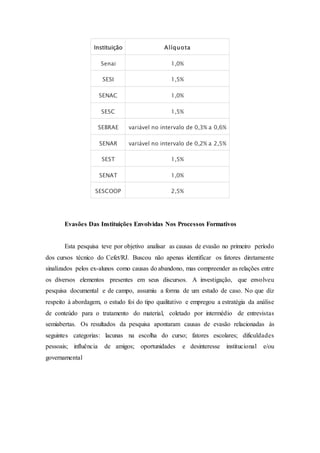 Instituição Alíquota
Senai 1,0%
SESI 1,5%
SENAC 1,0%
SESC 1,5%
SEBRAE variável no intervalo de 0,3% a 0,6%
SENAR variável no intervalo de 0,2% a 2,5%
SEST 1,5%
SENAT 1,0%
SESCOOP 2,5%
Evasões Das Instituições Envolvidas Nos Processos Formativos
Esta pesquisa teve por objetivo analisar as causas de evasão no primeiro período
dos cursos técnico do Cefet/RJ. Buscou não apenas identificar os fatores diretamente
sinalizados pelos ex-alunos como causas do abandono, mas compreender as relações entre
os diversos elementos presentes em seus discursos. A investigação, que envolveu
pesquisa documental e de campo, assumiu a forma de um estudo de caso. No que diz
respeito à abordagem, o estudo foi do tipo qualitativo e empregou a estratégia da análise
de conteúdo para o tratamento do material, coletado por intermédio de entrevistas
semiabertas. Os resultados da pesquisa apontaram causas de evasão relacionadas às
seguintes categorias: lacunas na escolha do curso; fatores escolares; dificuldades
pessoais; influência de amigos; oportunidades e desinteresse institucional e/ou
governamental
 