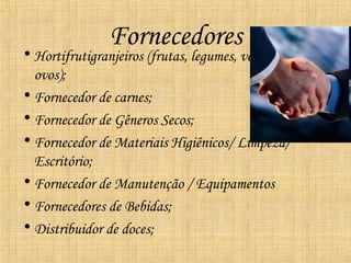 Fornecedores
• Hortifrutigranjeiros (frutas, legumes, verduras,
  ovos);
• Fornecedor de carnes;
• Fornecedor de Gêneros Secos;
• Fornecedor de Materiais Higiênicos/ Limpeza/
  Escritório;
• Fornecedor de Manutenção / Equipamentos
• Fornecedores de Bebidas;
• Distribuidor de doces;
 