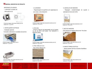 Amanda Hansen RA: A589BD-0 Turma: AU9Q01
Fernanda Menezes RA:A3864G-4 Turma: AU9Q01
Luana Taveiros RA: A471626 Turma: AU9P01
Priscila Soler RA:A48309-8 Turma: AU9Q01
11MEMORIAL DESCRITIVOPROJETO DE RECONVERSÃO E RESTAURO DA CASA DE ITU
ARQUITETURA E
URBANIMO
MEMORIAL DESCRITIVO DO PROJETO
MATERIAIS UTILIZADOS
1. VENTOKIT CLASSIC 80
- Renovador de ar
Fonte das Imagens: http://www.ventokit.com.br/
Acesso em 11 jun 2014.
2. INSTALAÇÕES ELÉTRICAS
- Instalação aparente
Condulete, eletrodutos e canaletas de alumínio
Fonte da Imagem: www.elecon.com.br
Acesso em 11 jun 2014.
Fonte da Imagem: http://www.tramontina.com.br/
Acesso em 11 de jun 2014.
3. ALVENARIA
- Regularização da superfície com argamassa de
cal e areia. Linha Votorantim
Fonte da Imagem: http://www.votorantimcimentos.com.br/
Acesso em 12 jun 2014.
4. PINTURA
- Pintura a base de cal pigmentada com pó xadrez
na cor sw 6718 overt green. Cal Votorantim e
pigmento xadrez
6. ASSOALHO DE MADEIRA
- Raspagem, complementação de suporte e
aplicação de bona semi brilho
Fonte da Imagem: http://www.bonabrasil.com.br/
Acesso em 12 jun 2014.
7. DECK DE MADEIRA
- Deck Modular de Madeira Removível: Flex Deck
Fonte da Imagem: http://www.cobrire.com.br/
Acesso em 12 jun 2014.
8. MANTA TERMO ACÚSTICA
- Manta Isolante Térmica e Acústica SolarMaxxi
Fonte da Imagem: http://www.brasilit.com.br/
Acesso em 12 jun 2014.
5. PISO VINÍLICO CLIC
- Piso Vinílico Sêneca Clic
Fonte da Imagem: http://beaulieu.com.br/
Acesso em 12 jun 2014
Fonte da Imagem: http://www.votorantimcimentos.com.br/
Acesso em 12 jun 2014.
 