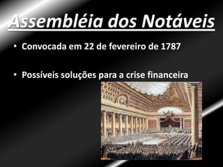 Situação PolíticaAssembléia de Notáveis em fevereiro de 1787 Assembléia dos Estados Gerais em março de 1789Assembléia Nacional Constituinte em junho de 1789