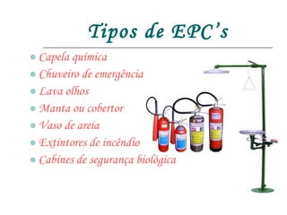 Tipos de EPC’s Capela química Chuveiro de emergência Lava olhos Manta ou cobertor Vaso de areia Extintores de incêndio  Cabines de segurança biológica 