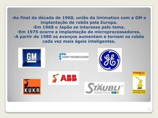 •Ao final da década de 1960, união da Unimation com a GM e
              implantação de robôs pela Europa.
           •Em 1968 o Japão se interessa pelo tema.
   •Em 1975 ocorre a implantação de microprocessadores.
 •A partir de 1980 os avanços aumentam e tornam os robôs
               cada vez mais ágeis inteligentes.




                                                             12
 